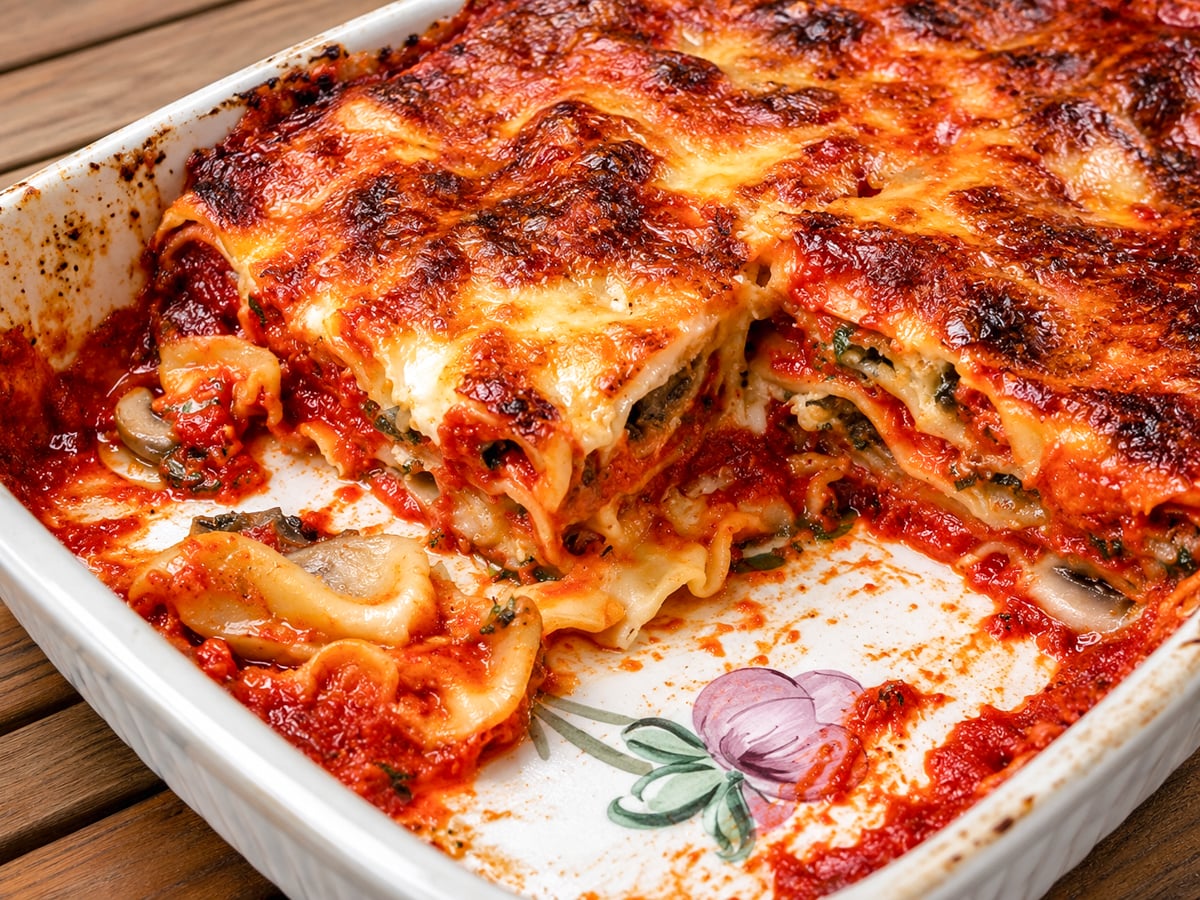 A close-up of Eggplant Lasagne-Lasagne di Melanzane in a white ceramic dish, with one serving removed to reveal layers of pasta, tomato sauce, cheese, spinach, and mushrooms. The golden top is browned and bubbly.
