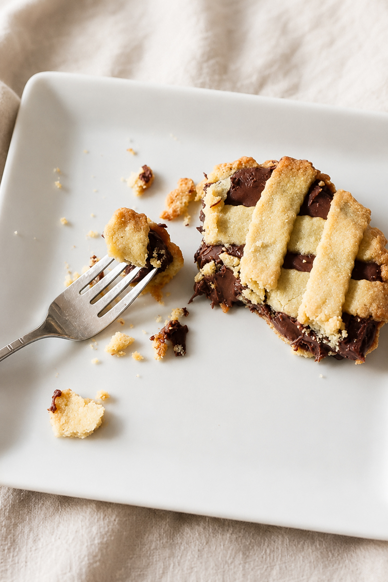 A partially eaten chocolate pie with a lattice crust sits on a white plate, next to a fork holding a piece of the pie.