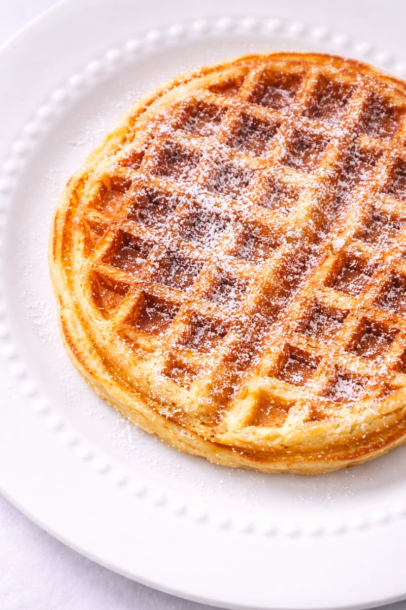 A golden brown yeast waffle sprinkled with powdered sugar sits on a white, textured plate.