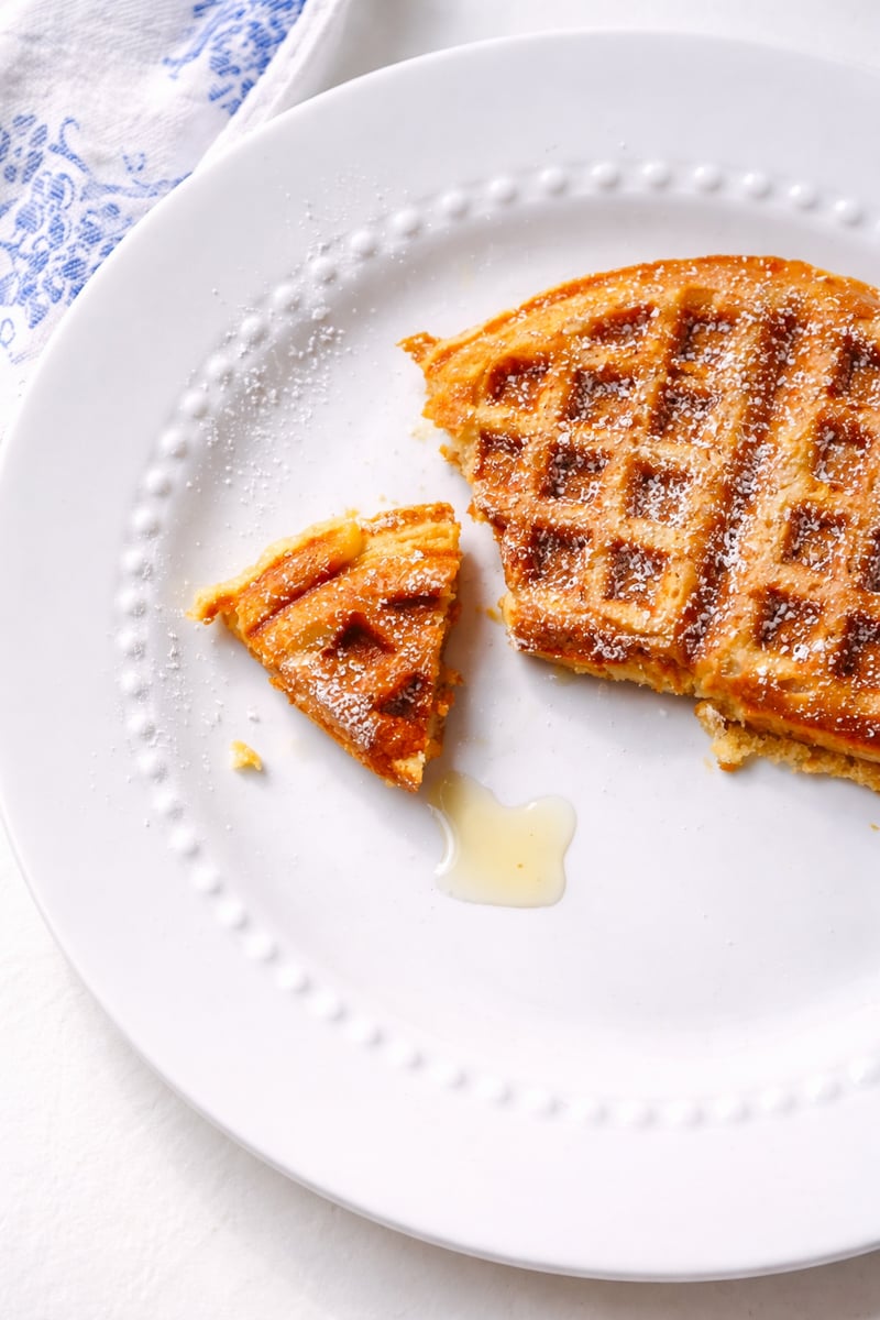 A half round yeast waffle with a small triangular piece cut out sits on a white plate, lightly dusted with powdered sugar and drizzled with syrup. A blue and white cloth is partially visible in the corner.