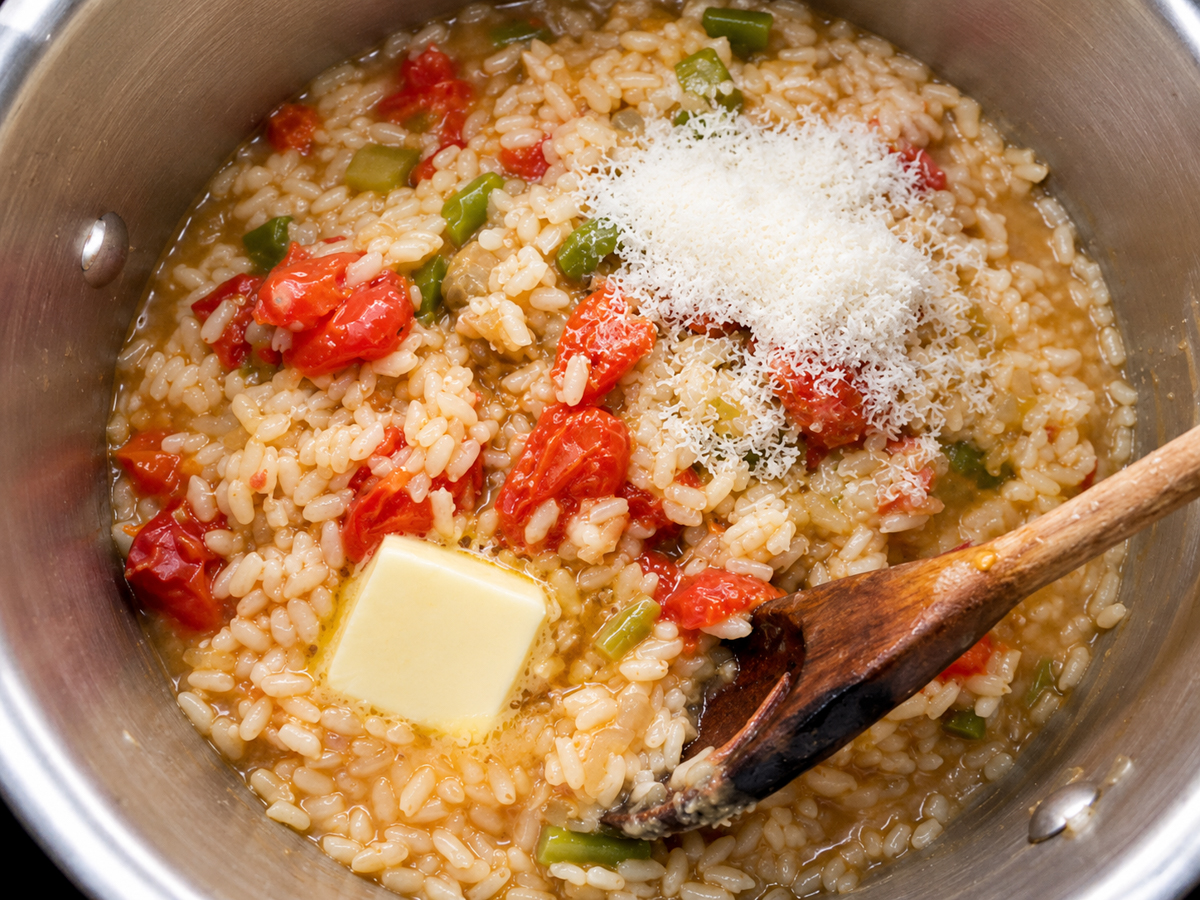 A pot of risotto with diced tomatoes, green peppers, a pat of butter, and grated cheese on top, being stirred with a wooden spoon.