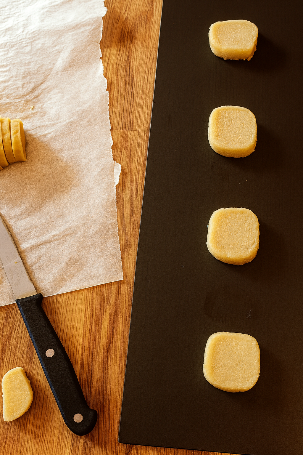 Four slices of raw Glazed Lemon Cookies dough are neatly spaced on a dark baking tray, with a knife and more dough on parchment paper to the side on a wooden surface.