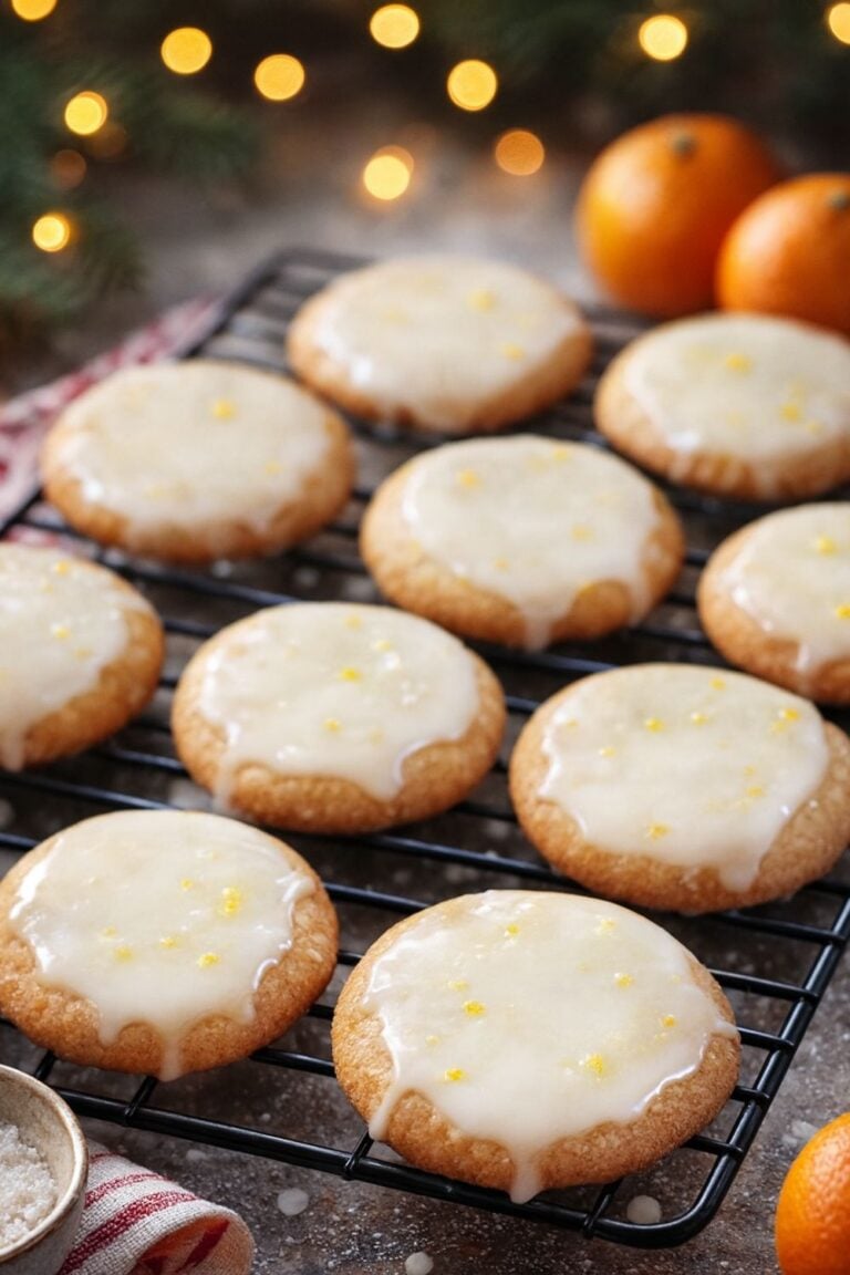 A cooling rack holds round Glazed Lemon Cookies topped with glossy icing and a sprinkle of zest. Oranges and festive lights are blurry in the background, creating a warm, holiday atmosphere.