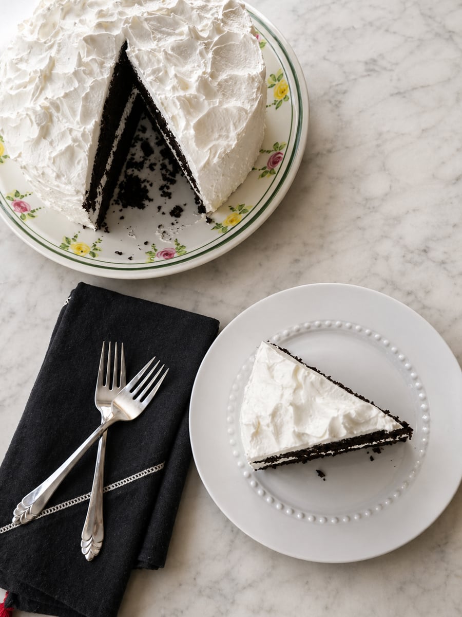 A white-frosted chocolate cake with a slice cut out sits on a floral plate; the slice is served on a white plate nearby. Two forks rest on a dark napkin next to the plates on a marble surface.