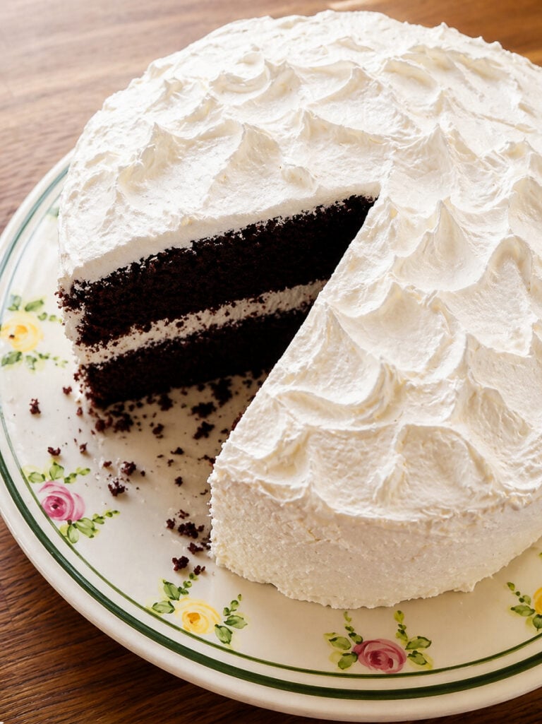 A round chocolate layer cake with white, textured frosting on a floral-patterned plate. A large slice has been cut, showing the dark cake and white filling inside.