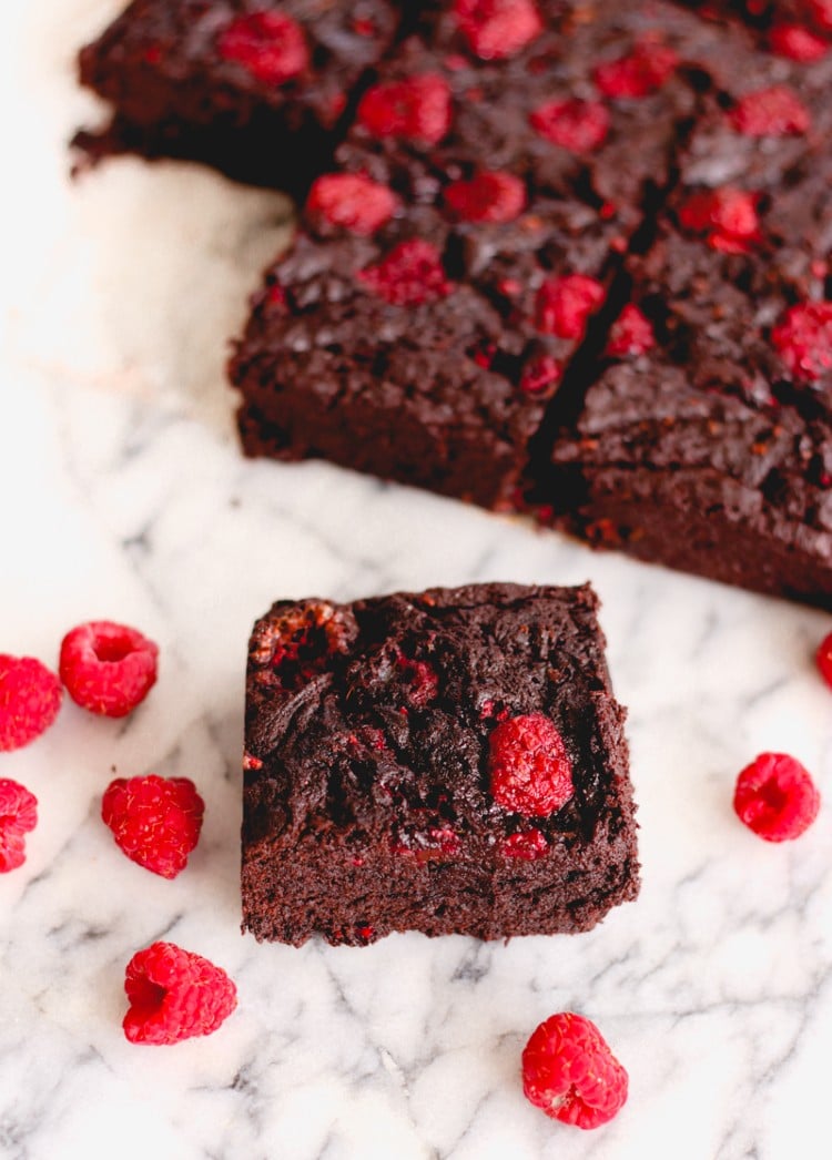 image of best every chocolate raspberry brownies on marble background