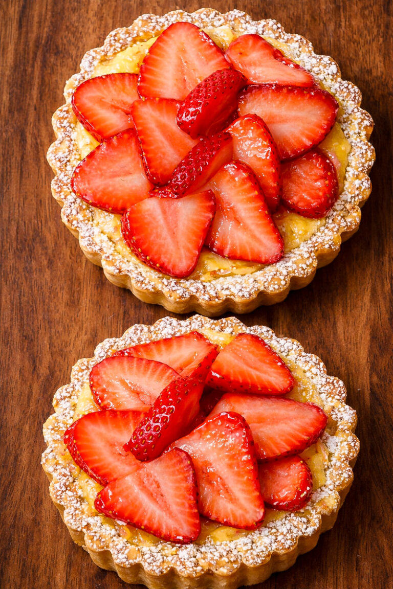 Two small strawberry and ricotta tarts topped with fresh, sliced strawberries and dusted with powdered sugar, placed on a wooden surface.