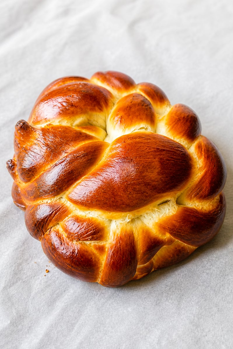 Golden braided honey challah bread on a parchment lined baking sheet