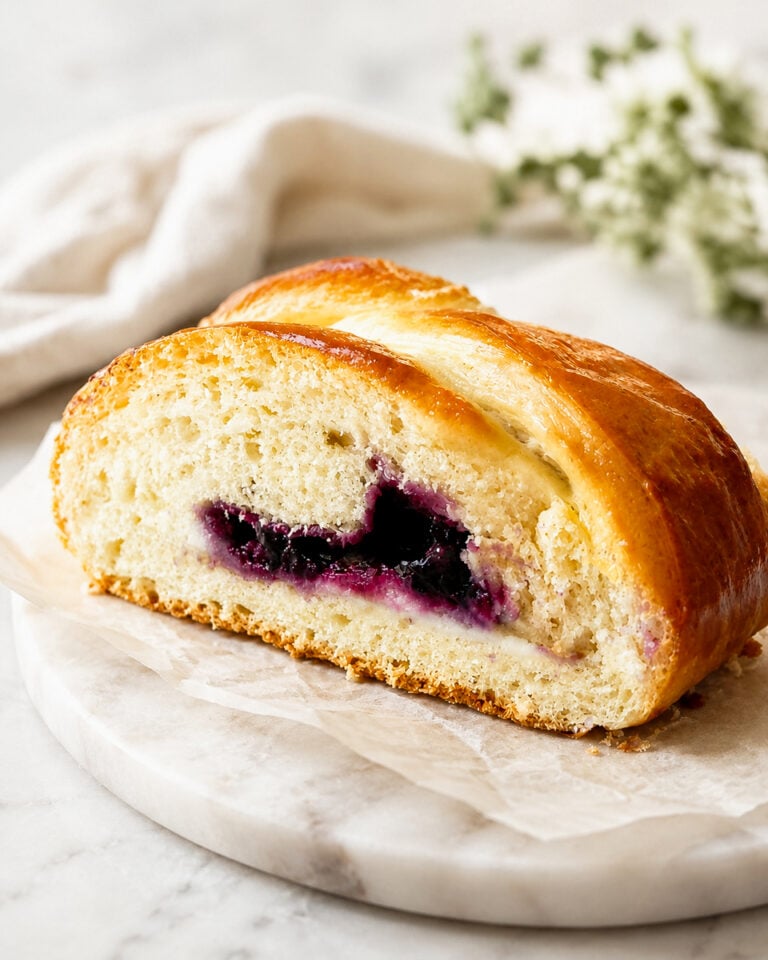 A sliced loaf of braided bread with a golden crust and a blueberry filling, displayed on a marble board with a white cloth and blurred greenery in the background.