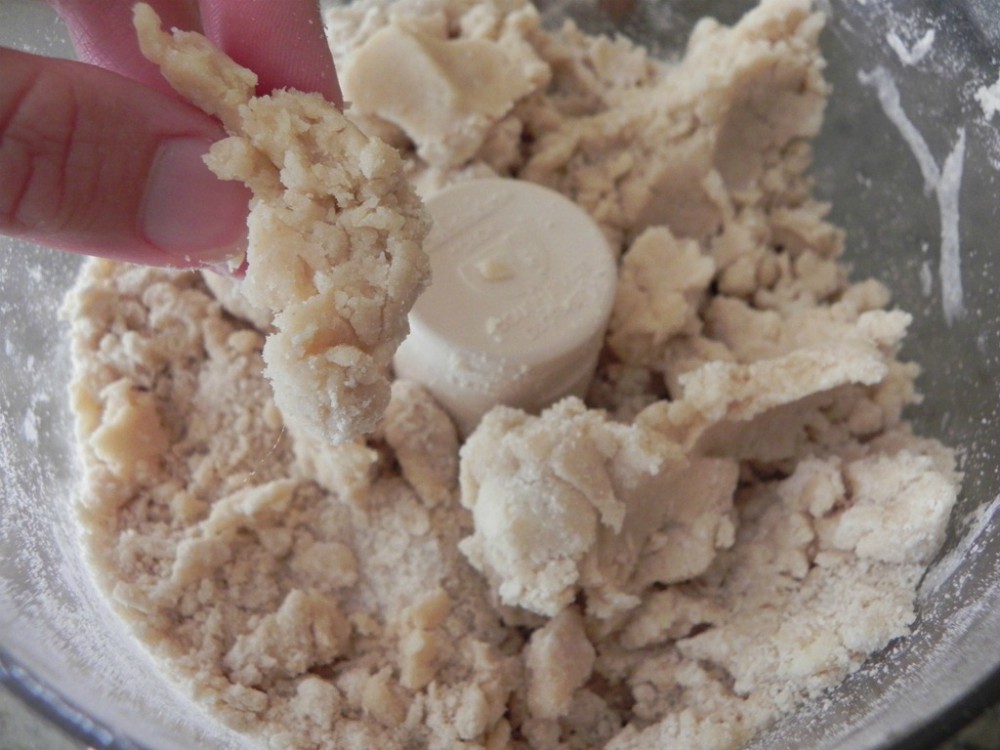 overhead image of dough in food processort