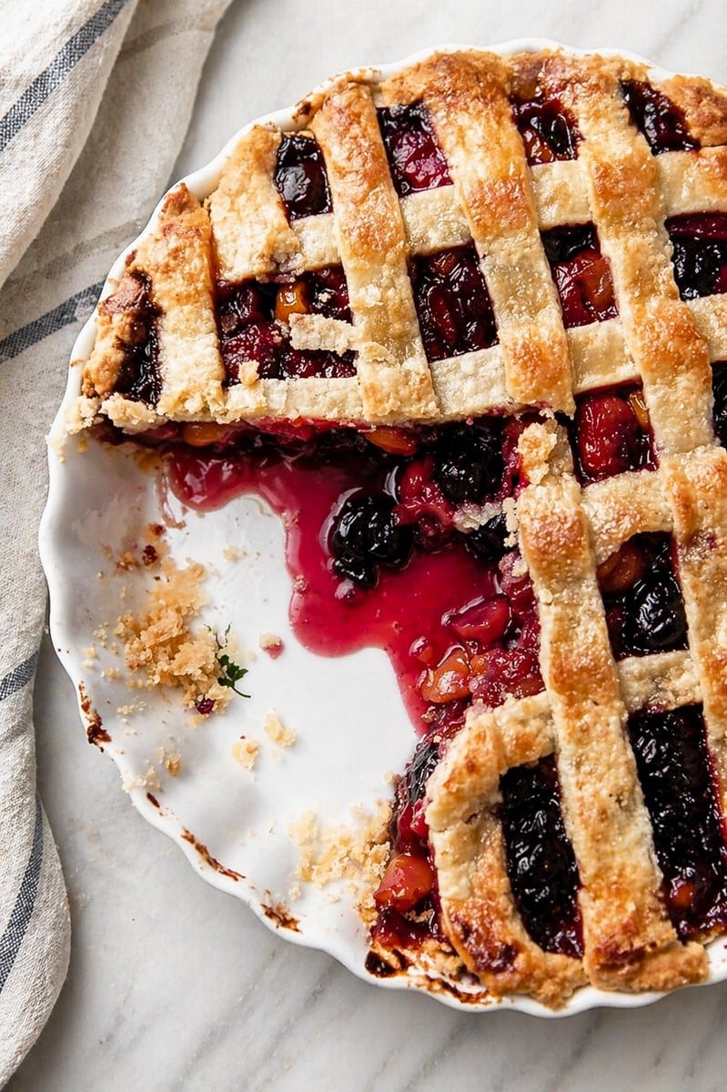 A partially eaten Sweet Cherry Pie with a lattice top sits on a white dish, vibrant red and purple filling peeking through and crumbs scattered about. A striped cloth lies nearby on the marble surface.