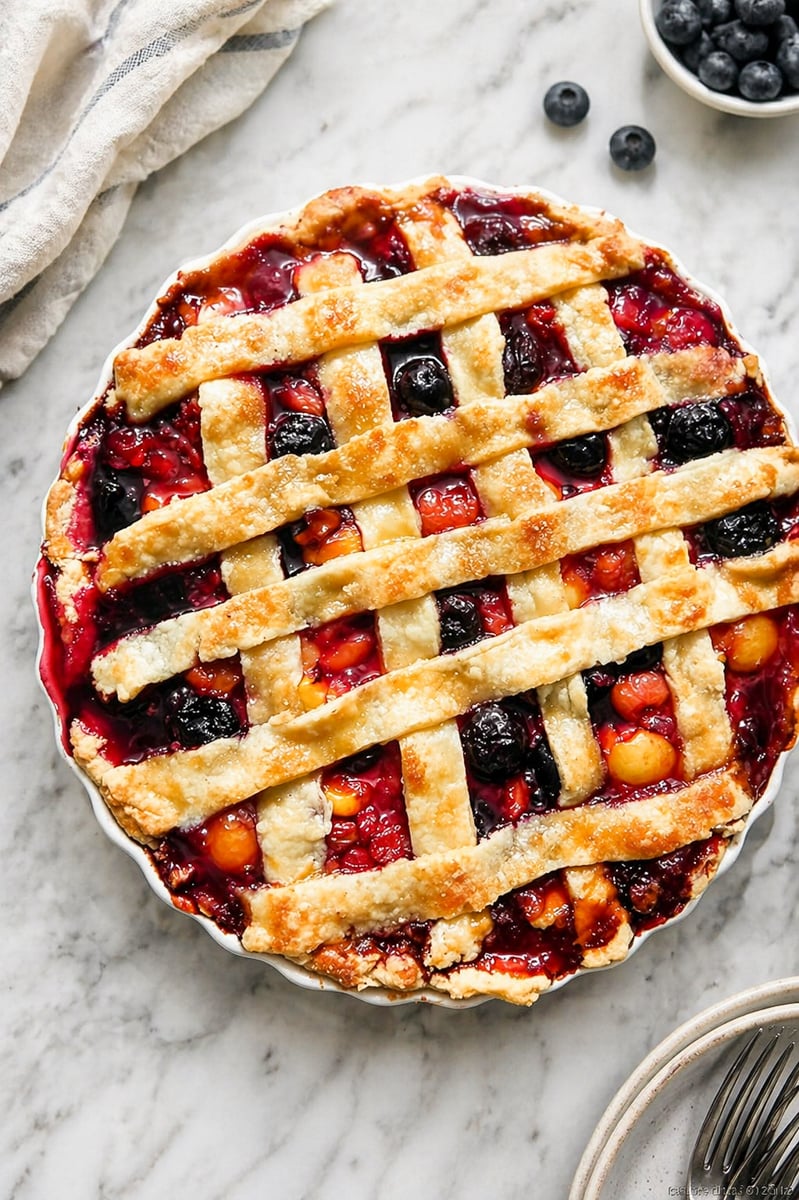 A freshly baked Sweet Cherry Pie with a golden lattice crust sits on a marble surface. Blueberries and cherries are visible in the filling, with a bowl of blueberries and a plate with forks nearby.