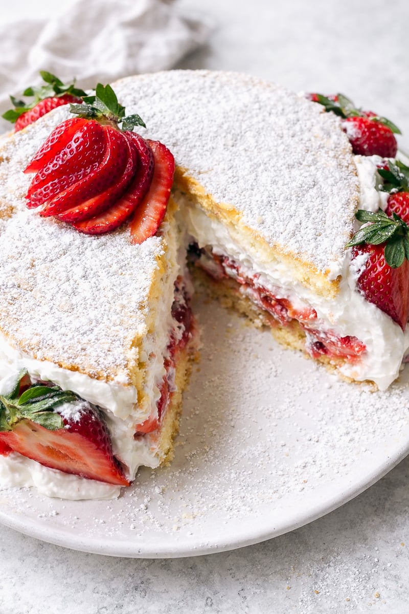 A Summer Strawberry Cake, this round sponge is layered with whipped cream and sliced strawberries, topped with powdered sugar and fresh strawberry slices. One large slice has been cut and slightly removed from the cake.