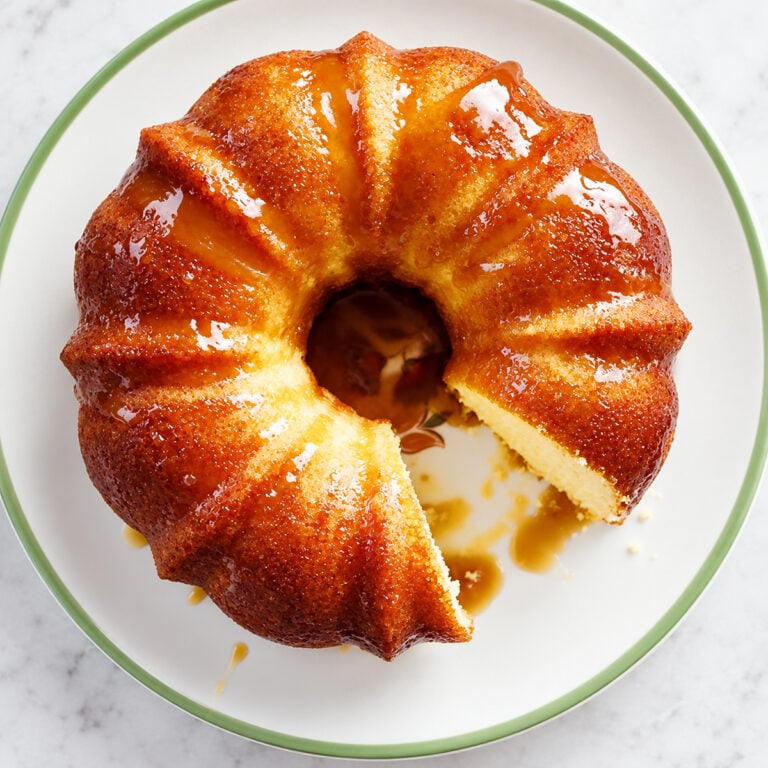 A glazed bundt cake with a slice removed, displayed on a white plate with a green rim.
