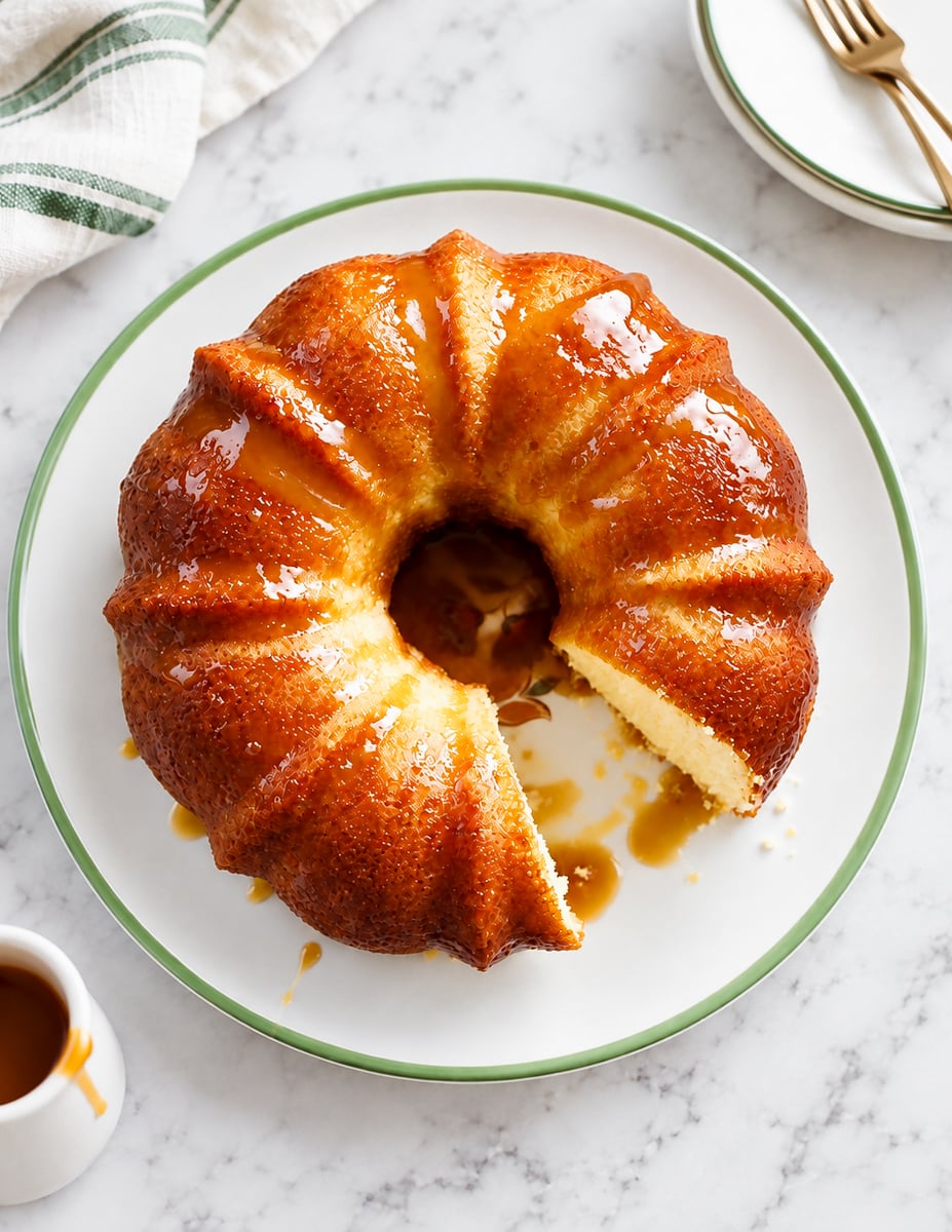 A glazed bundt cake with one slice removed sits on a plate. Caramel sauce is drizzled on top, and theres extra sauce in a small pitcher nearby. Plates and a striped napkin are in the background.