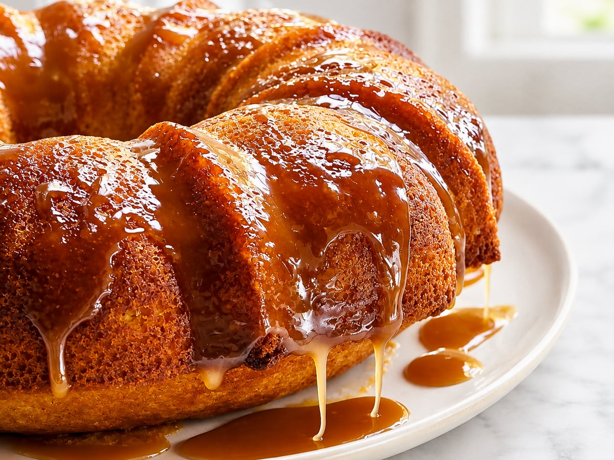 A close-up of a golden-brown bundt cake topped with glossy caramel sauce, dripping down the sides onto a white plate. The background is softly blurred with light coming through a window.