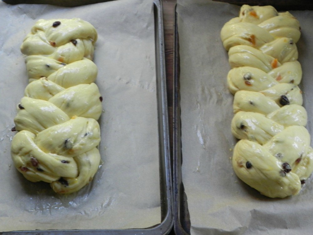 overhead image of braided loaves on baking sheets