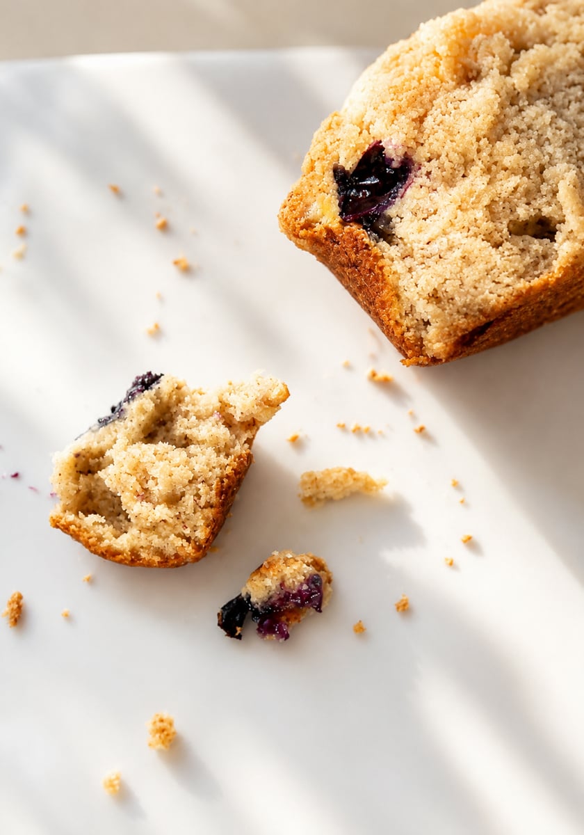A partially eaten blueberry muffin with streusel topping sits on a white plate, surrounded by crumbs and a small broken piece, in bright natural light.