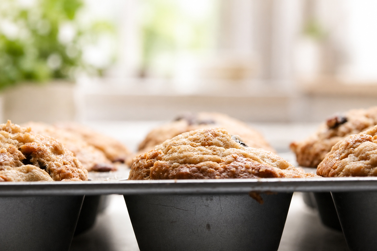 Freshly baked muffins in a muffin tin, golden brown on top, with a soft background suggesting a kitchen setting.