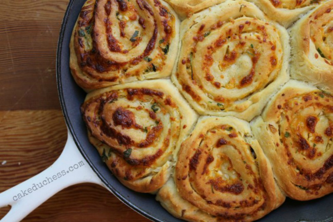 overhead image of cheddar swirl breakfast buns