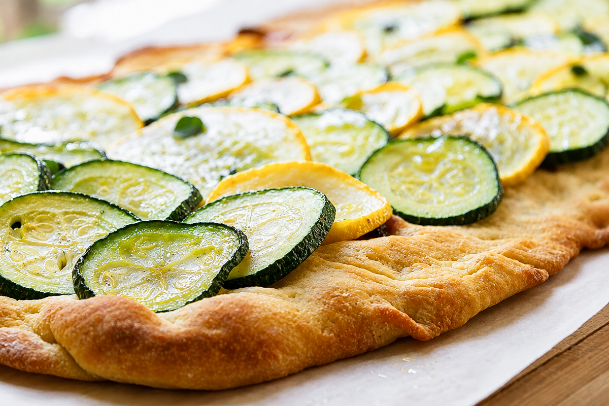 A rectangular flatbread topped with overlapping slices of yellow and green zucchini, baked on parchment paper. The crust is golden brown and slightly puffed around the edges.
