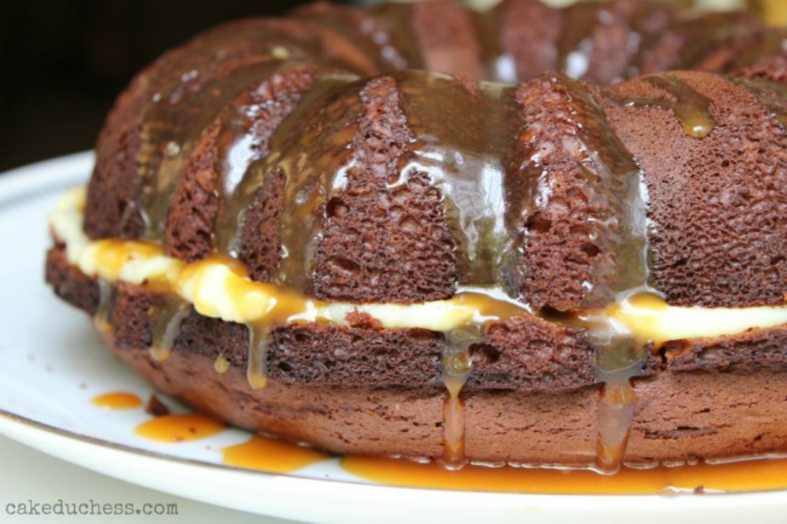 overhead image of chocolate cake with a caramel glaze