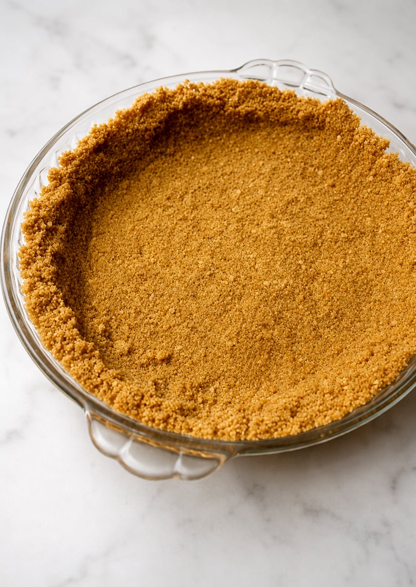 A round glass pie dish with a perfectly pressed graham cracker crust, ready for filling, sits invitingly on a white marble surface.