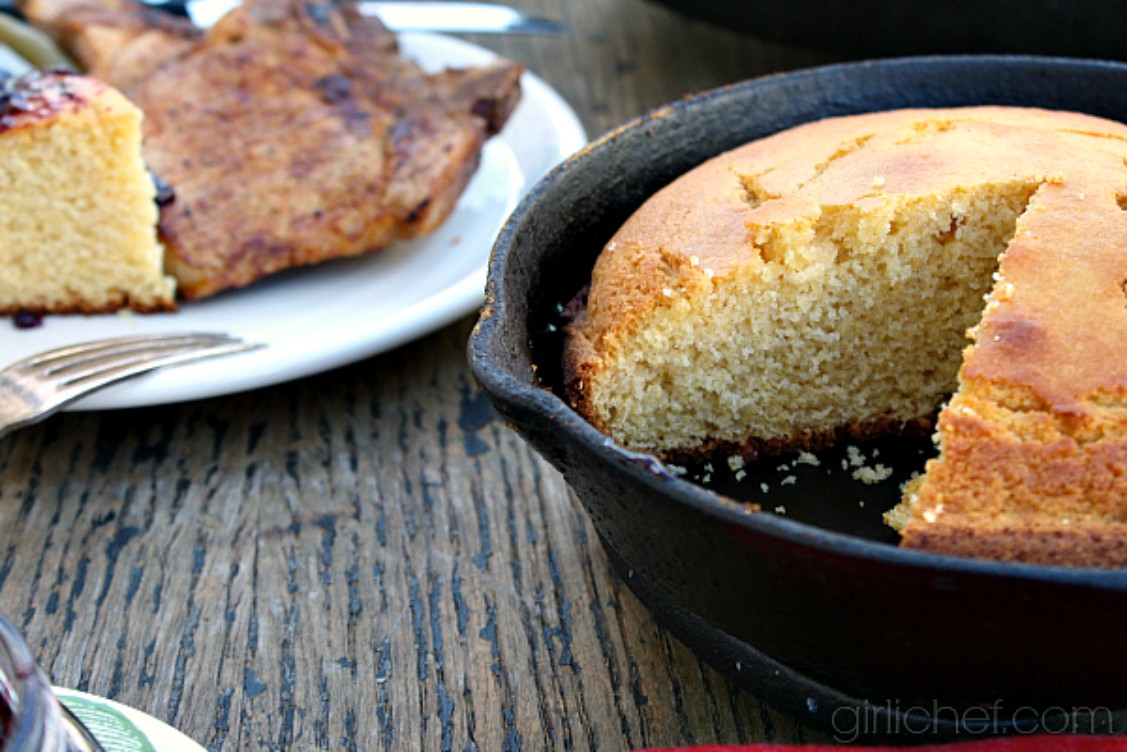 sweet brown butter cornbread in a cast iron skillet