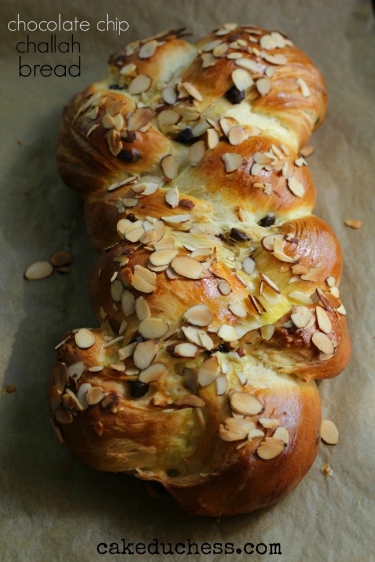 overhead image of chocolate chip challah bread