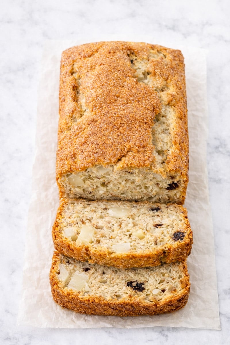 A loaf of Banana Pear Bread with Dark Chocolate Chips boasts a golden-brown crust, partially sliced to reveal a moist interior with chunks of fruit and chocolate, resting on parchment paper atop a light surface.