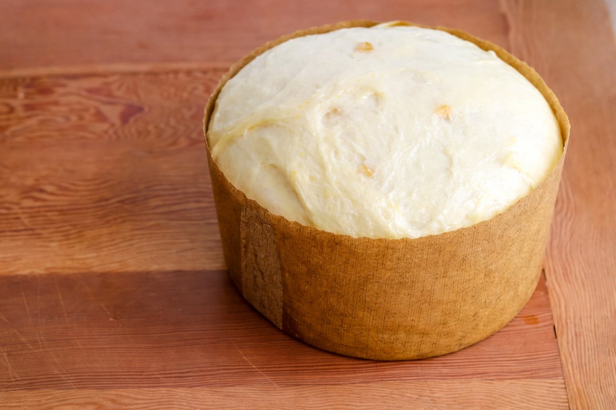 A round, uncooked Sicilian Orange Sweet Bread dough in a tall, brown paper mold rests on a wooden surface, ready to be baked.