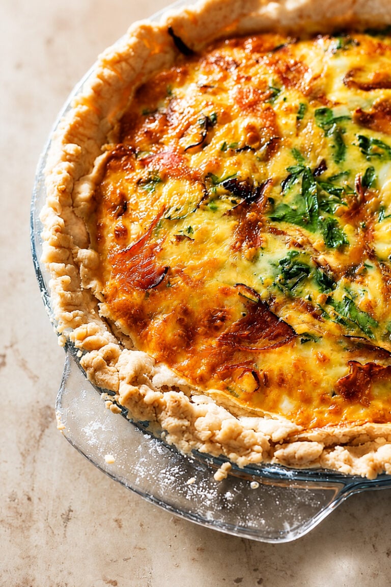 Close-up of a baked quiche in a glass pie dish, showing a golden, flaky crust with a filling of melted cheese, leafy greens, and savory bits of ham and goat cheese.
