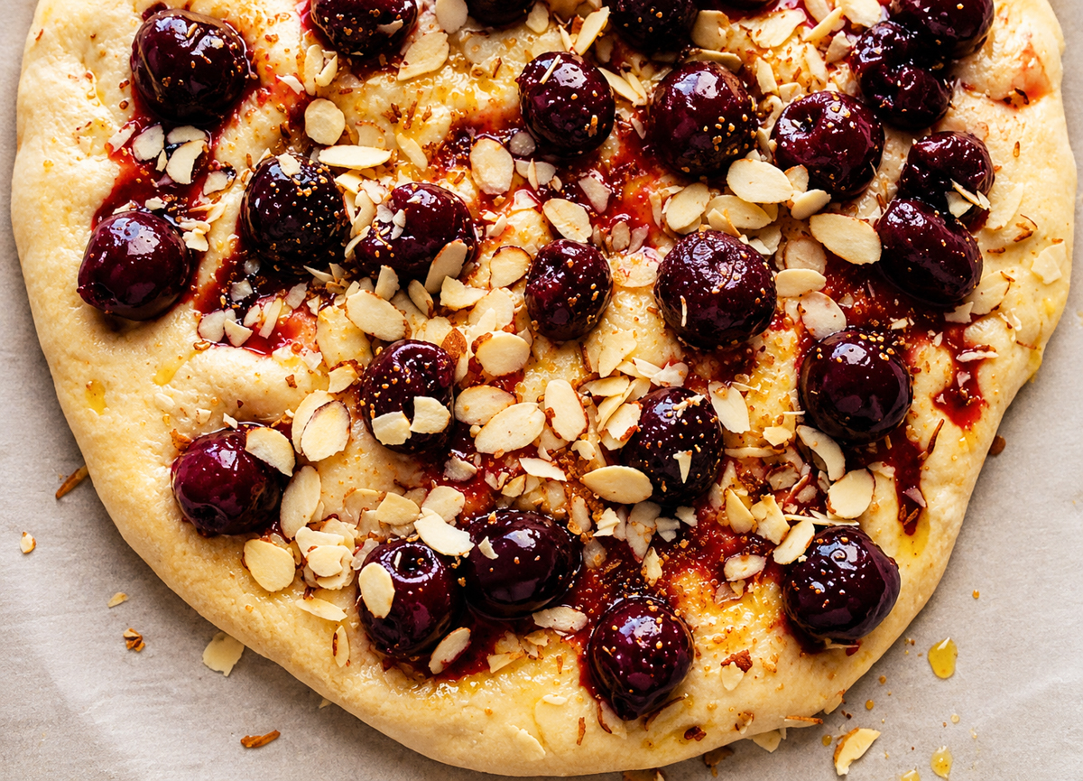 A close-up of a rustic Cherry Almond Focaccia topped with glossy dark cherries, sliced almonds, and a drizzle of syrup on a light parchment surface.