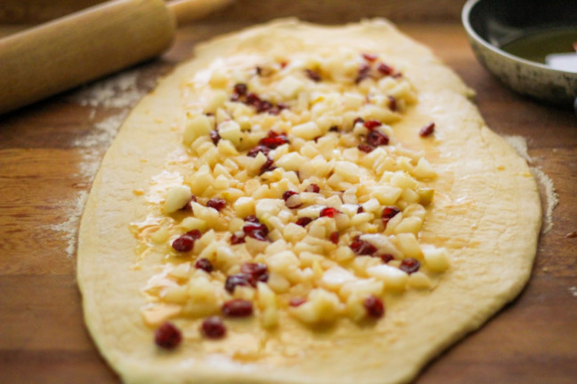 overhead image of making pear and cranberry sticky buns