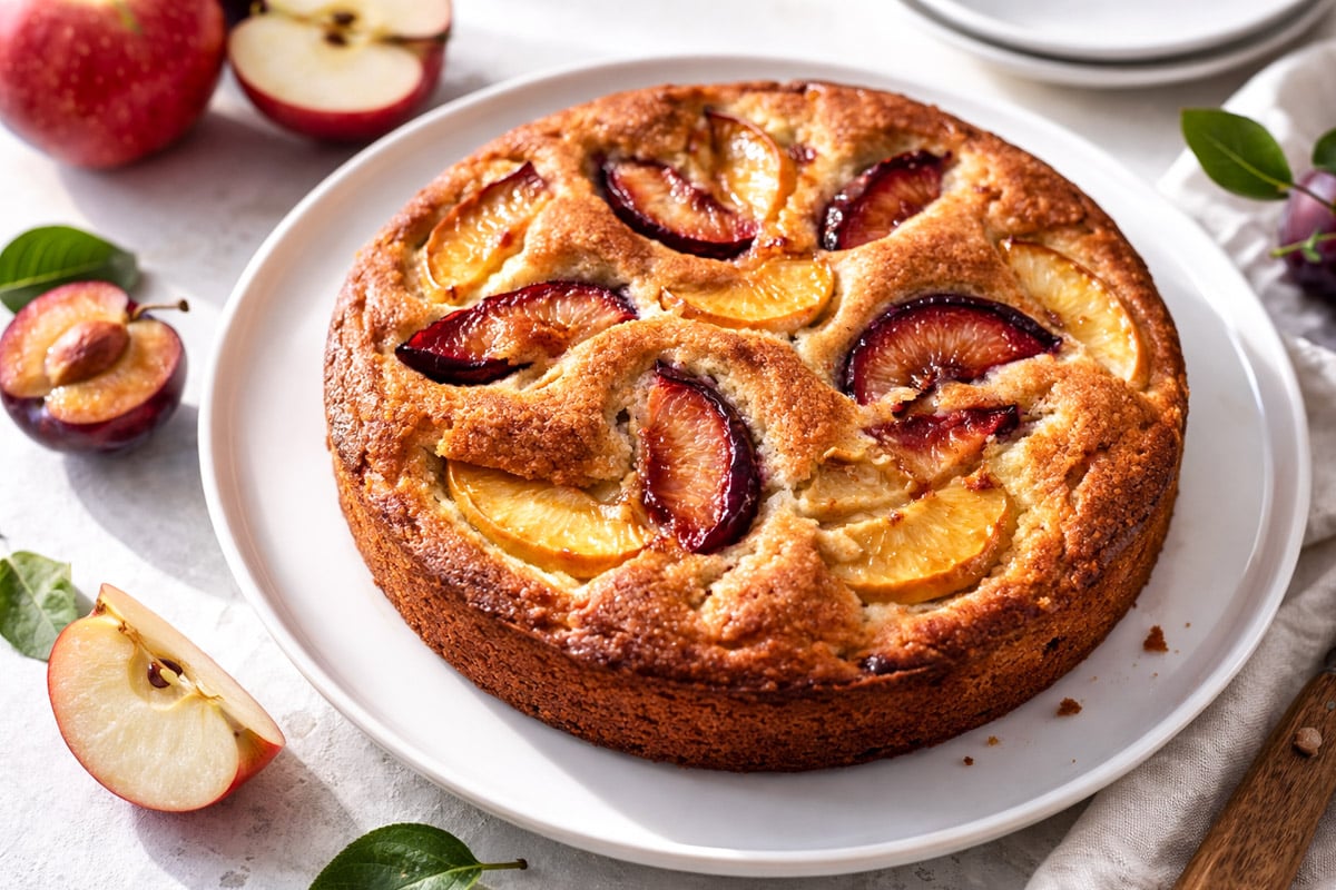 Torta di Mela e Prugne (Apple and Plum Cake) A round fruit cake topped with baked slices of plums and apples sits on a white plate. Whole and cut fruit, including apples and plums, are arranged around the cake on a light-colored surface.