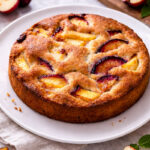A round, golden-brown plum cake sits on a white plate. Slices of plum are visible on top of the cake. Fresh plums, some halved, and mint leaves are arranged in the background on a marble surface.