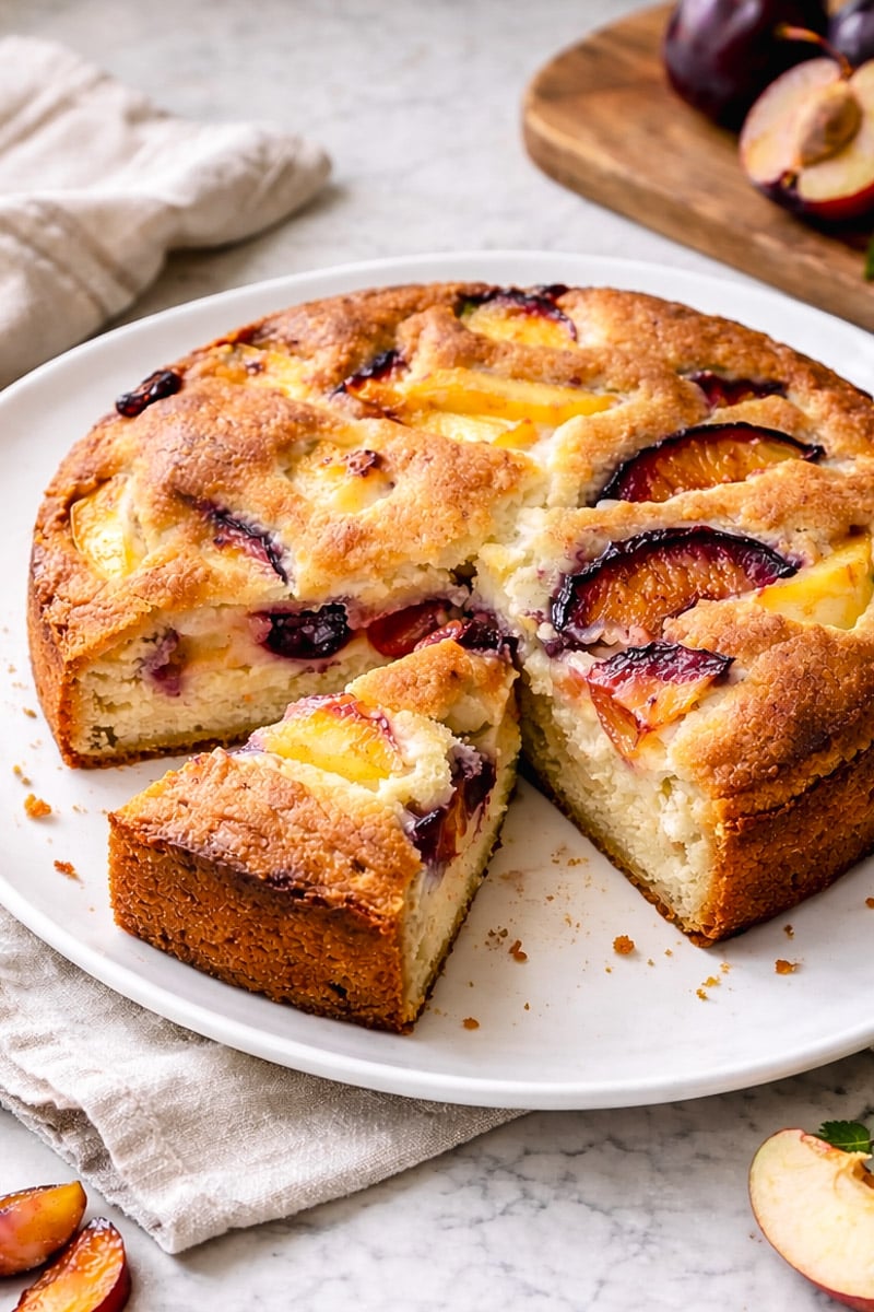 A round cake with golden-brown crust and slices of plums baked on top, displayed on a white plate with one slice cut out. Fresh plums and a wooden board are in the background.