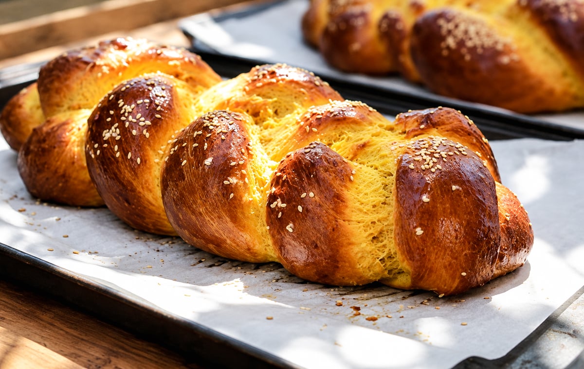 Two braided loaves of golden-brown pumpkin challah bread sprinkled with sesame seeds on a baking sheet.