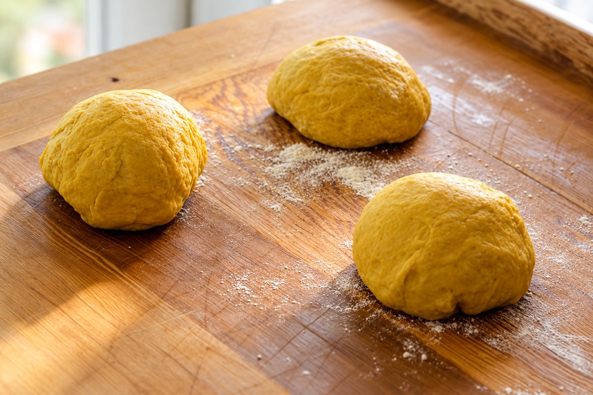 Three balls of golden yellow pumpkin challah dough resting on a wooden cutting board lightly dusted with flour.