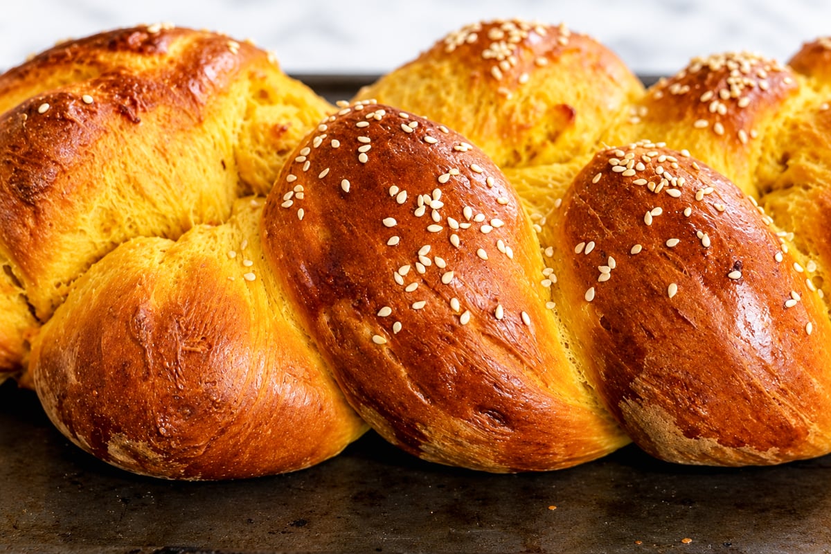 Golden-brown braided loaf of pumpkin challah bread sprinkled with sesame seeds on a baking sheet.