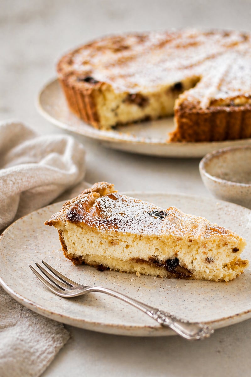 A slice of ricotta and raisin cake, reminiscent of a classic ricotta pie, is topped with powdered sugar and sits on a ceramic plate with a fork. In the background, the rest of the cake waits, partially sliced next to a beige napkin.