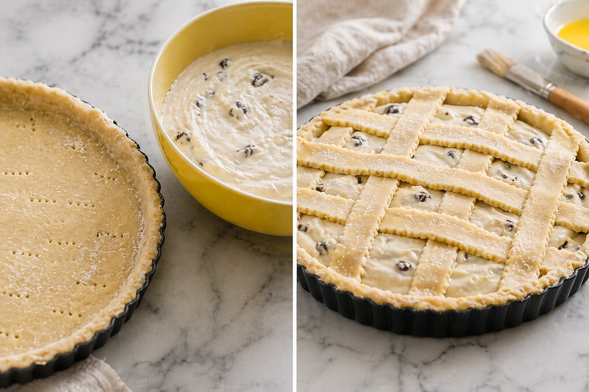 Side-by-side images: left shows a fluted tart pan with unbaked ricotta pie crust and a bowl of creamy, raisin-studded filling; right shows the same ricotta pie topped with a lattice crust, ready to bake, with pastry brush and egg wash nearby.