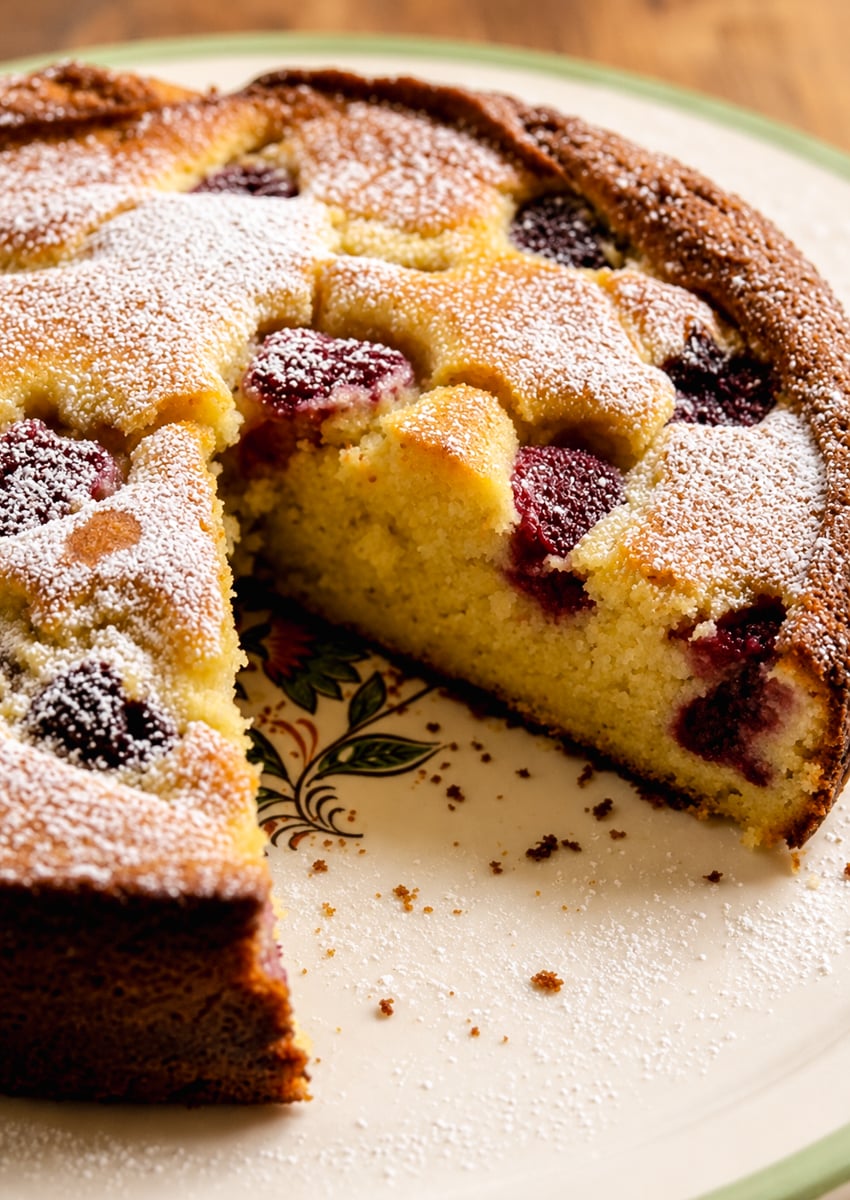 A round, golden Raspberry Ricotta Cake with cherries and a dusting of powdered sugar sits on a plate. A large wedge has been cut out, revealing the moist, yellow interior with visible cherry pieces.