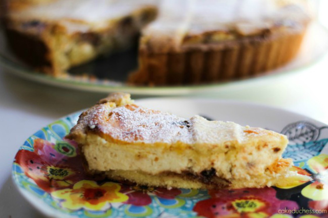 slice of italian ricotta pie on floral plate