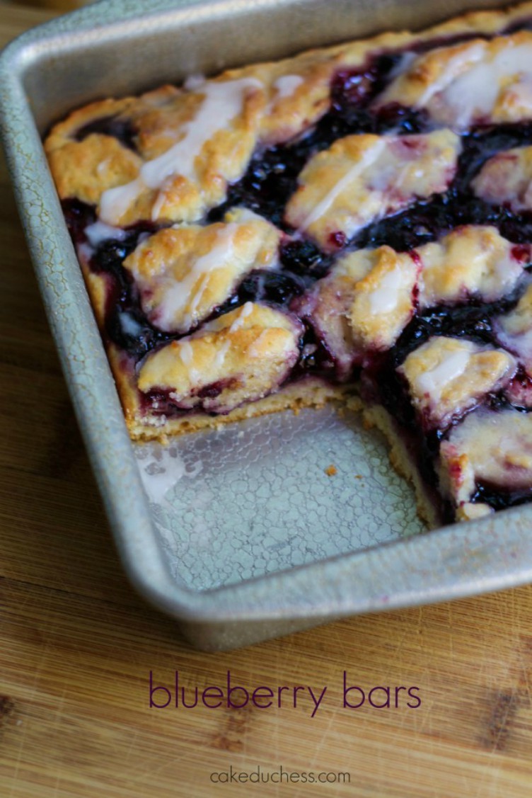 overhead image of blueberry bars in a baking tray