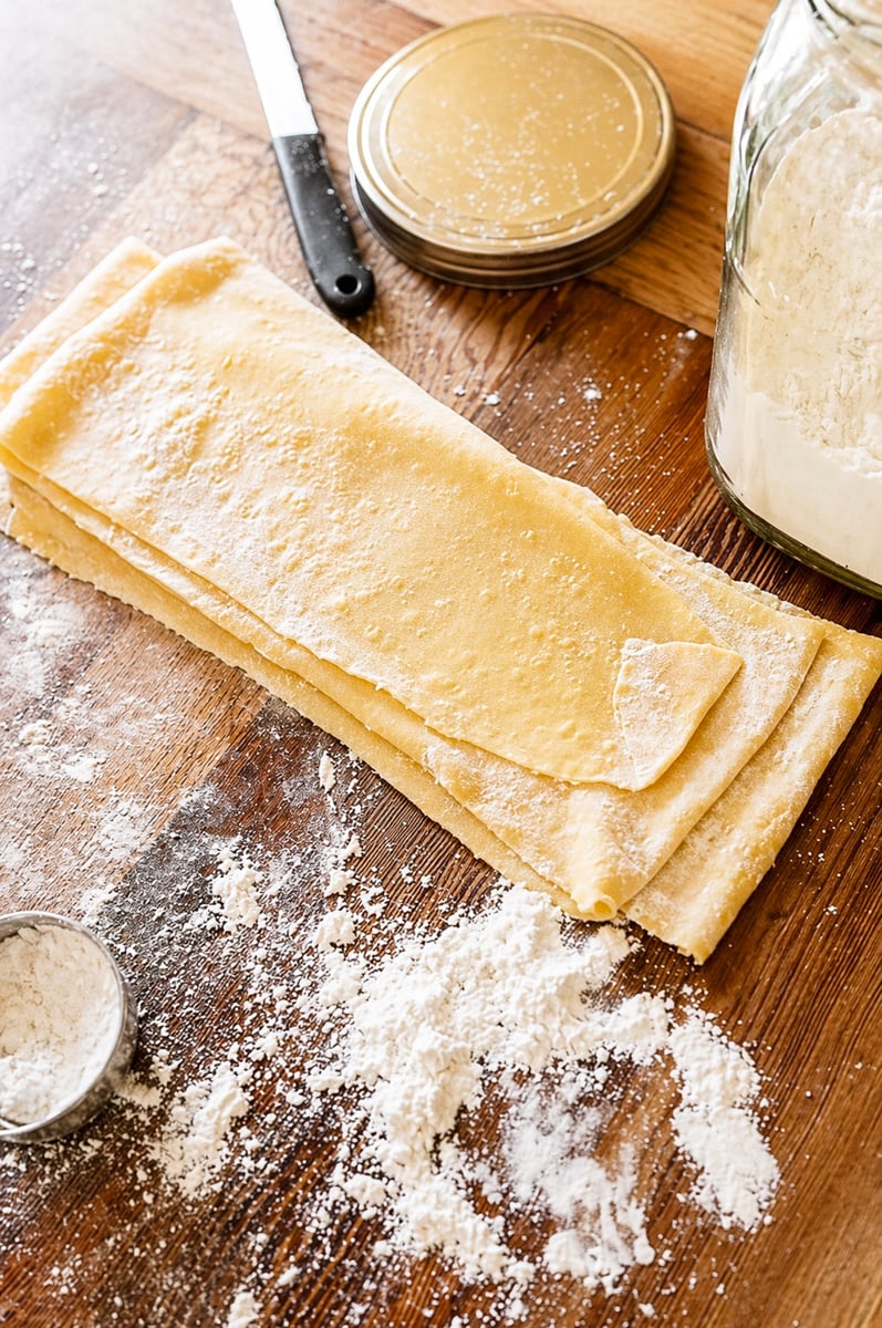 Freshly rolled homemade pappardelle pasta sheets are stacked on a floured wooden surface, surrounded by scattered flour, a jar of flour, a round metal lid, a knife, and a metal measuring cup with flour.
