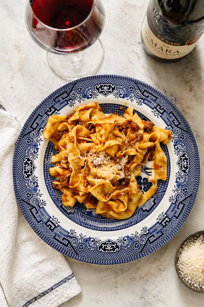 A blue and white plate filled with homemade pappardelle pasta topped with grated cheese sits on a marble surface. Nearby are a glass of red wine, a bottle of wine, a small bowl of grated cheese, and a folded white napkin.