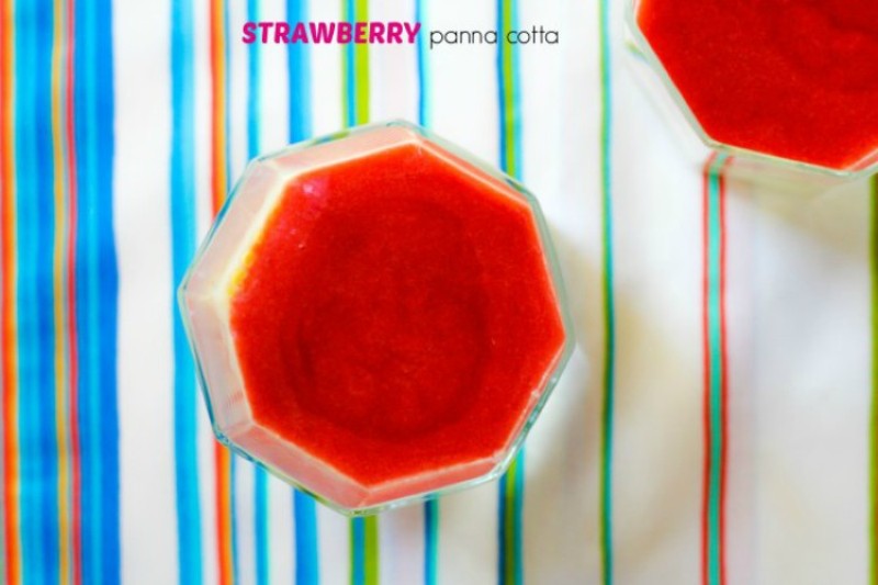 overhead image of strawberry panna cotta in a glass 