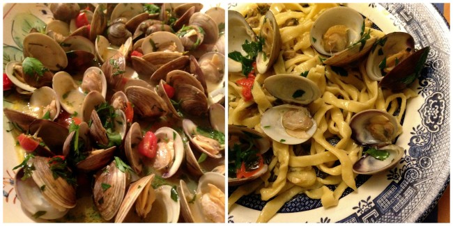 A photograph of two beautifully presented dishes of spaghetti alla vongole, showcasing the vibrant and authentic flavors of foods from Naples, Italy. Each plate features perfectly cooked spaghetti adorned with tender clams, fresh parsley, and a light garlic white wine sauce, capturing the essence of Neapolitan cuisine. The rich textures and colors highlight the traditional culinary heritage, making it a mouth-watering depiction of classic Italian gastronomy.