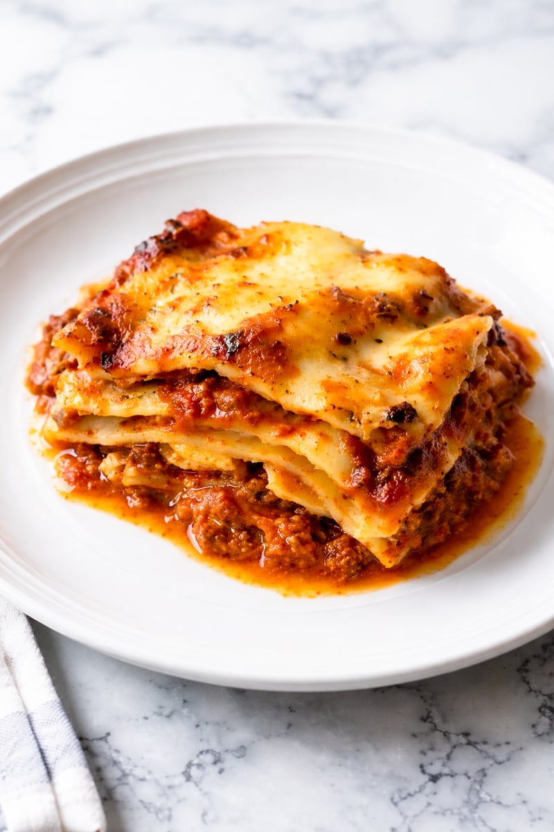 A slice of homemade lasagna, crafted from an authentic lasagna bolognese recipe, features layers of pasta, rich meat sauce, and melted cheese on a white plate, set on a marble surface.